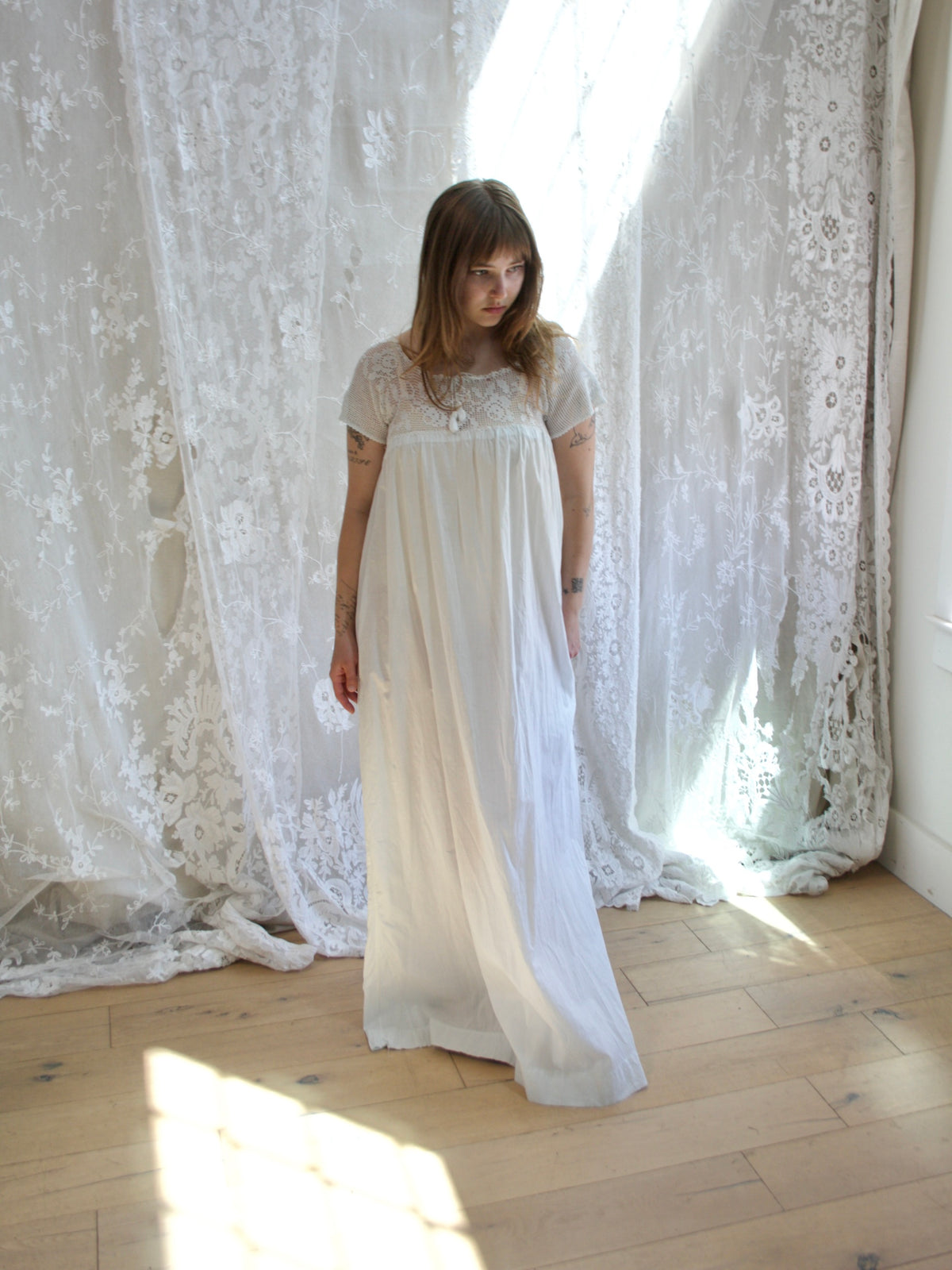 Antique Edwardian Cotton Crochet Yoke Chemise Dress
