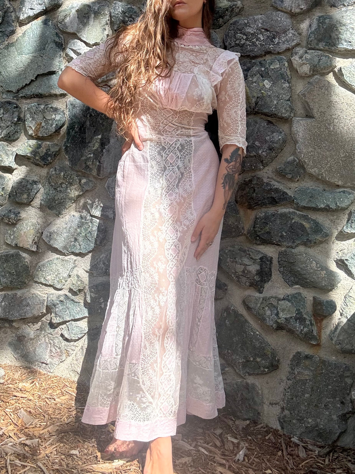 Antique Edwardian Pink Swiss Dot Insertion Lace Tea Gown
