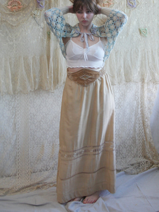 Antique Nouveau Drawnwork Pongee Silk Skirt & Velvet Belt 2 PC Set