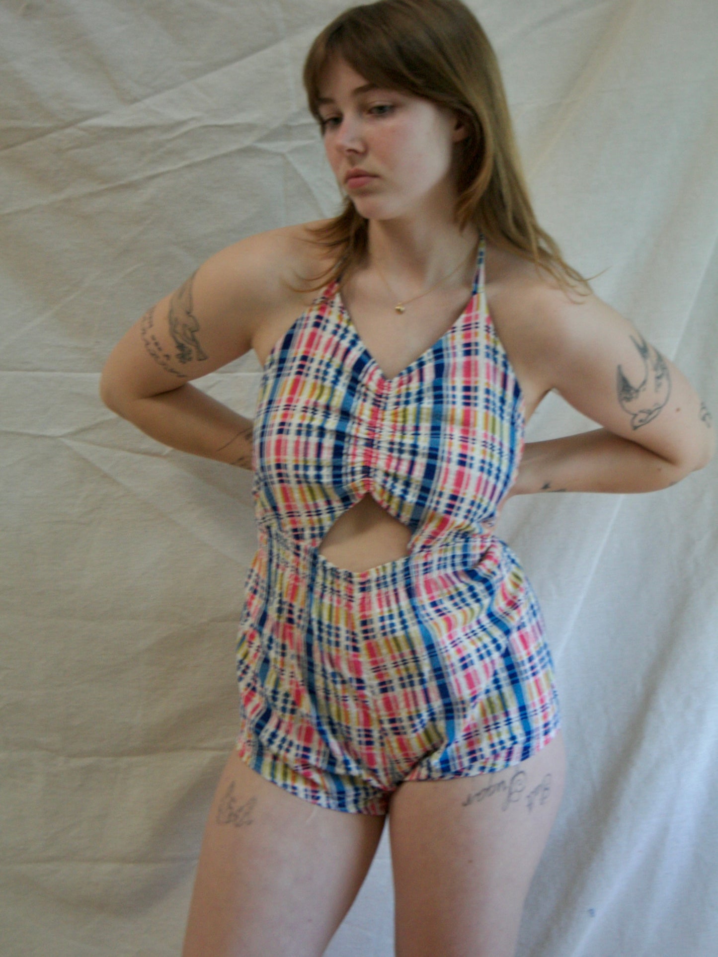 1940s Seersucker Midriff Cut Out Halter Playsuit