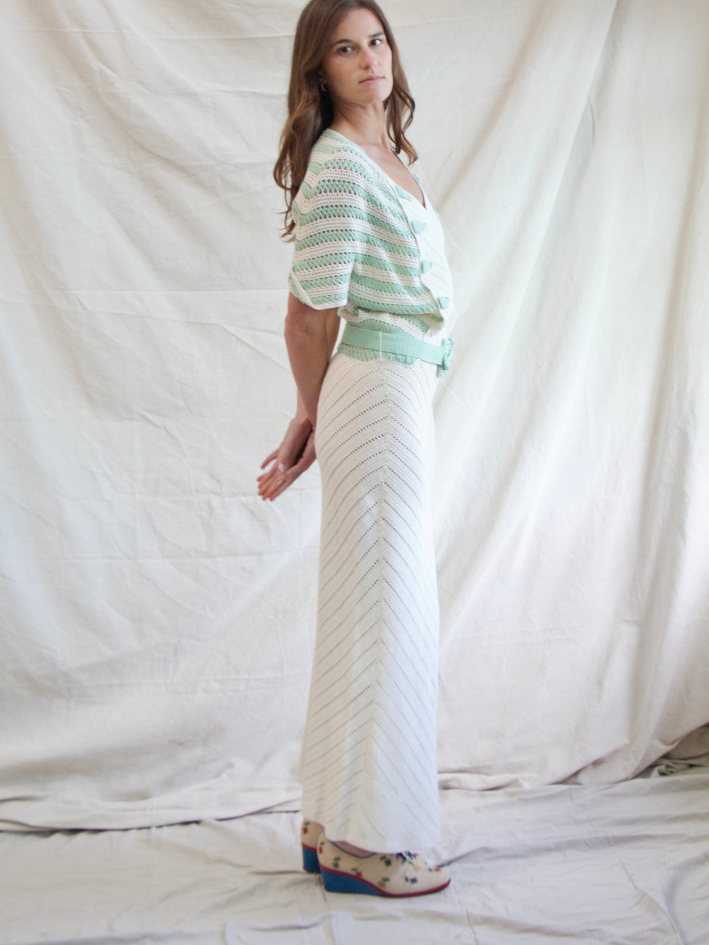 1930s Mint & Cream Striped Knit Belted Dress