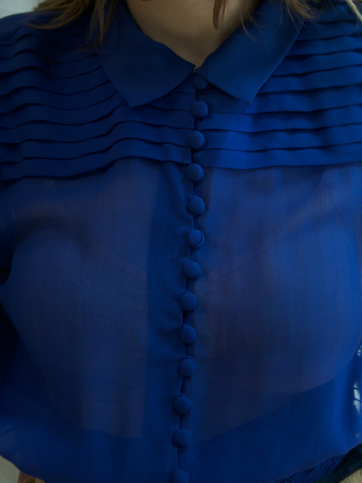 1930s Cobalt Chiffon Bishop Sleeve Smocked Blouse
