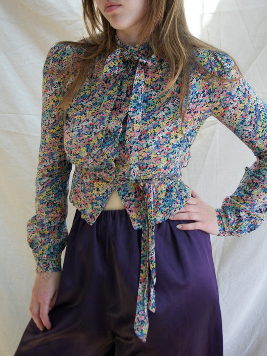1930s Micro Floral Belted Rayon Crepe Cropped Blouse