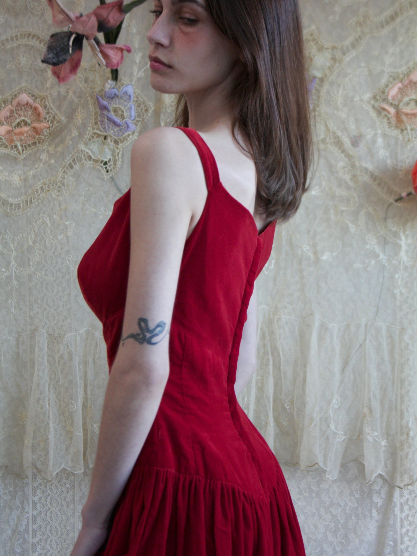 1950s Sweetheart Crimson Velveteen Basque Waist Dress