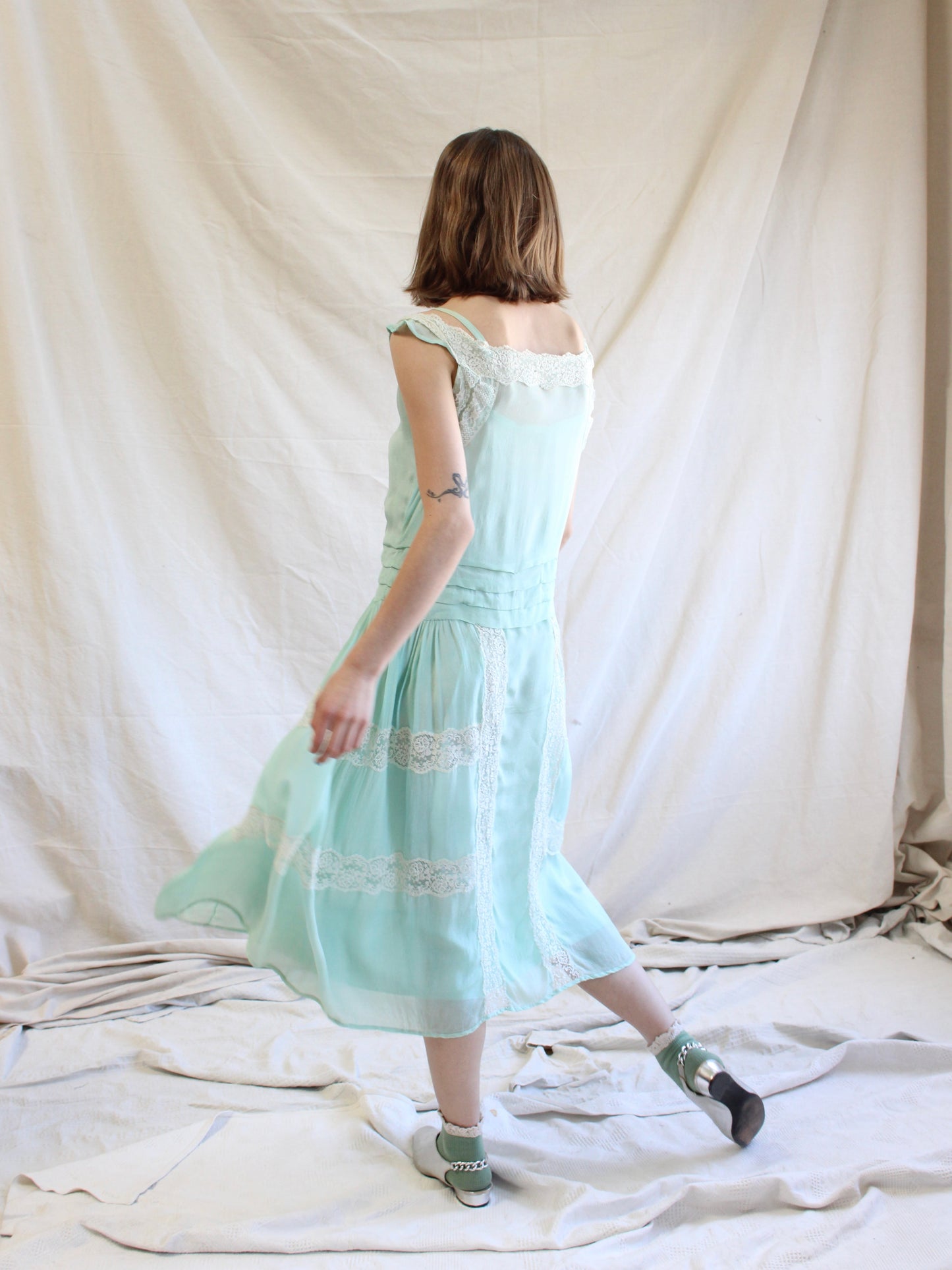 1920s Insertion Lace Mint Chiffon Day Dress