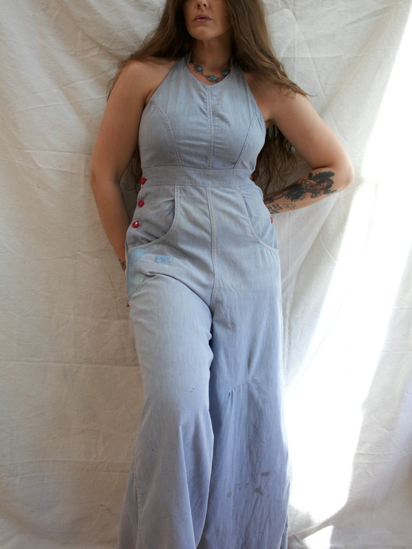Special 1930s 'Trailer-alls' Chambray Halter Sportswear Double Side Button Overalls