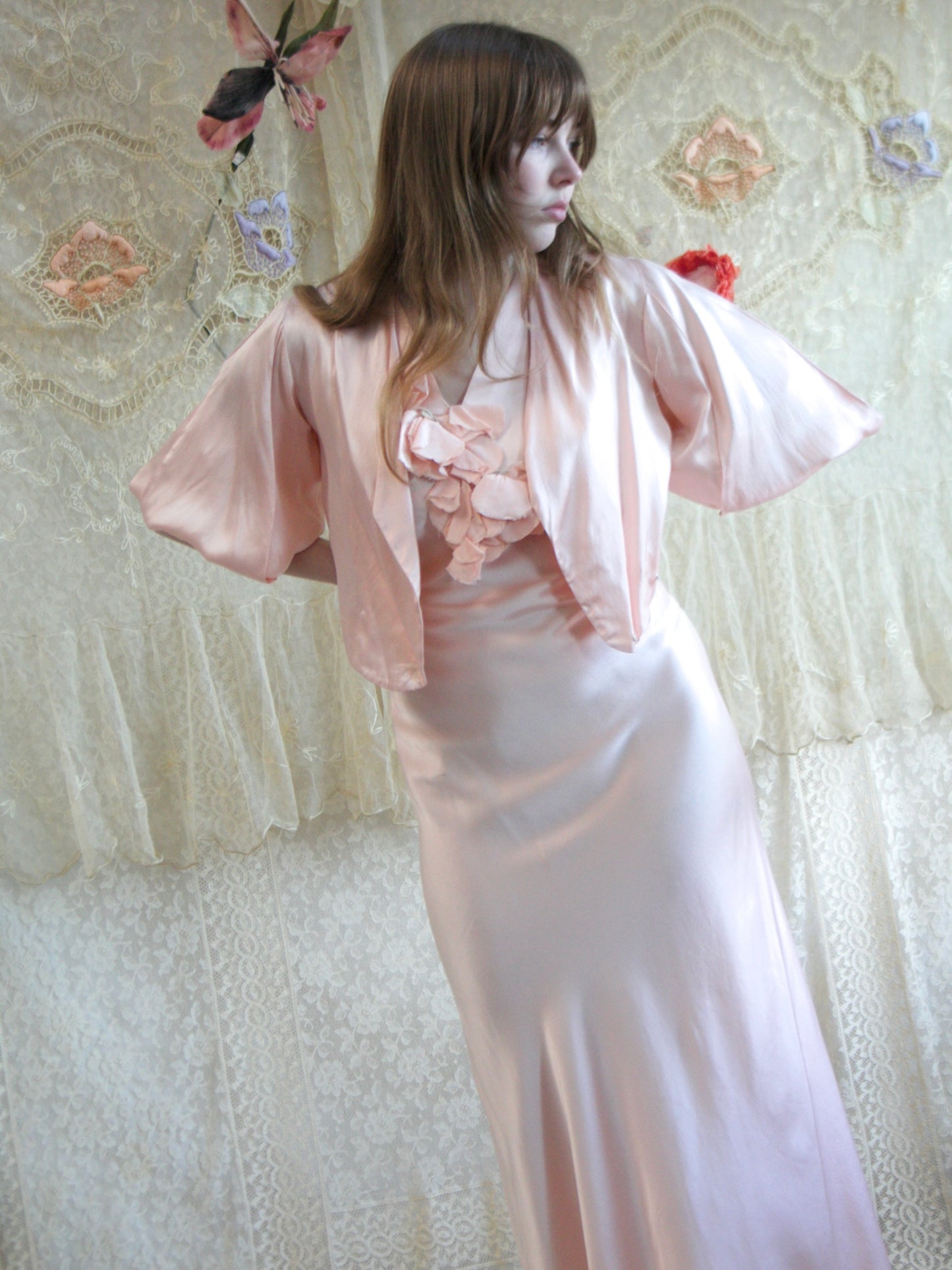 1930s Sculptural 2 Piece Bias Cut Satin Dress Set