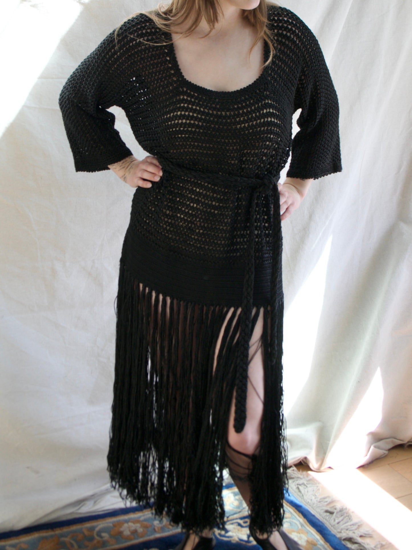 Antique 1920s Inky Black Rayon Knit Fringe Tunic Dress