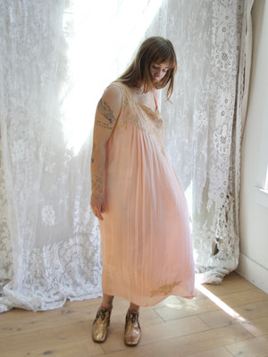 Antique 1920s Inset Ecru Lace Silk Asymmetrical Tie Shoulder Lingerie Gown