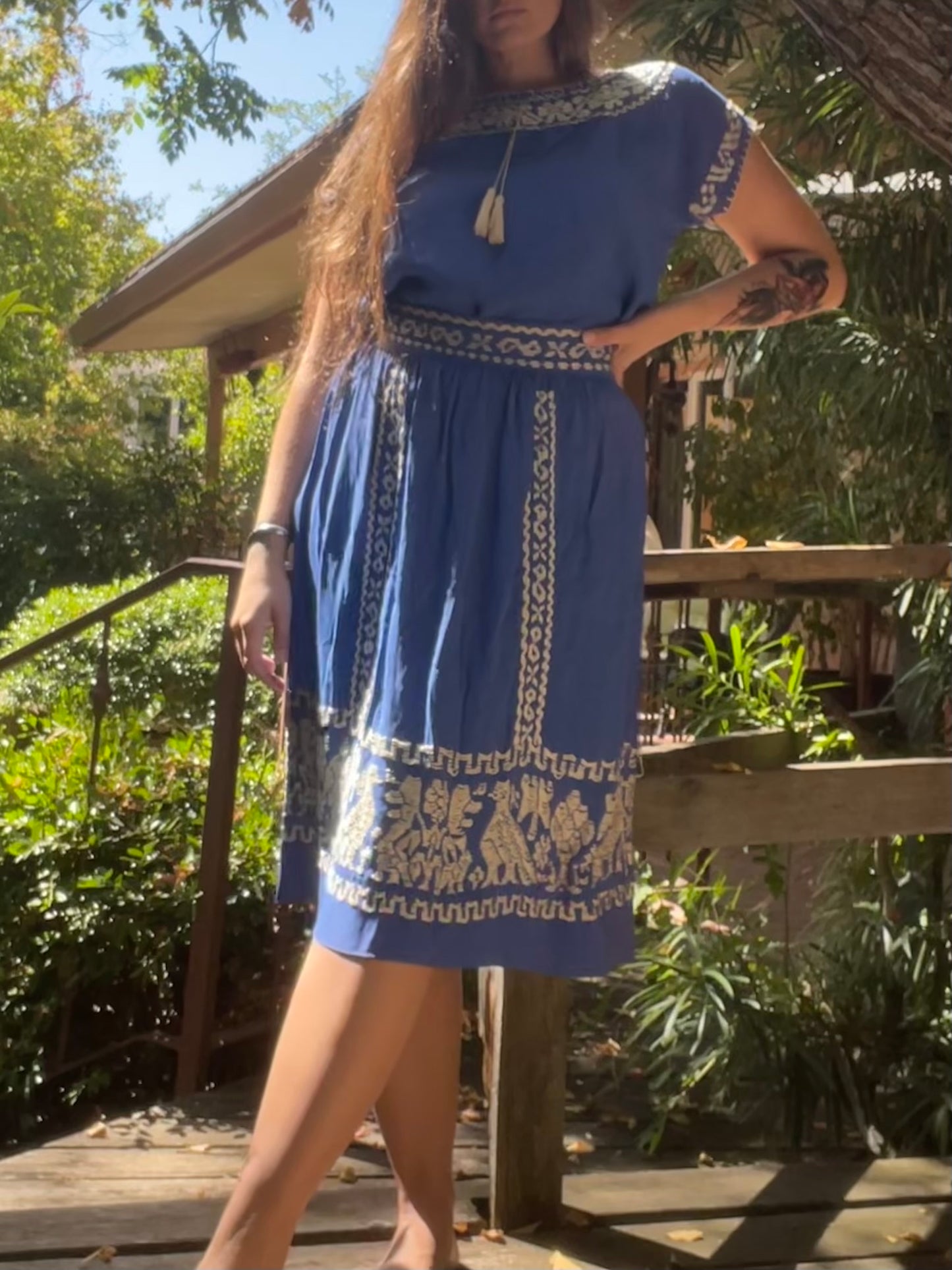 1940s Two Piece Embroidered Rayon Crepe Cobalt Skirt Blouse Set