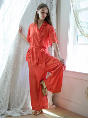 1940s Chinese Silk Jacquard 3 Piece Loungewear Ensemble