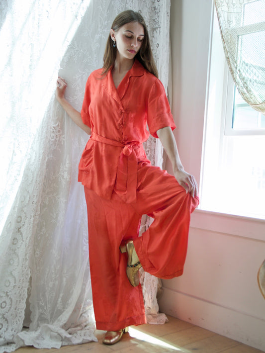 1940s Chinese Silk Jacquard 3 Piece Loungewear Ensemble
