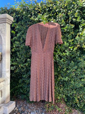 1930s Printed Chocolate Brown Chiffon Over Dress