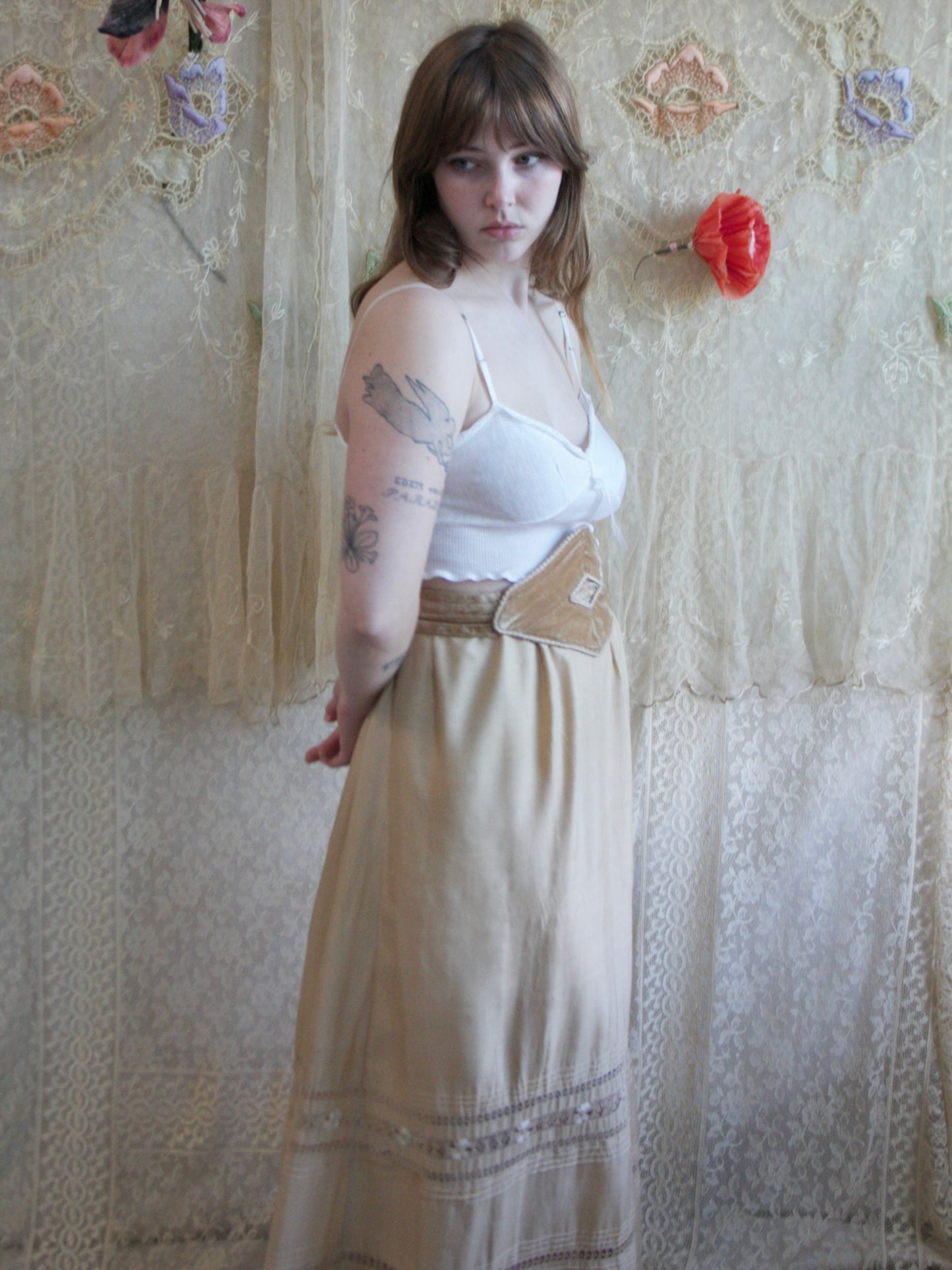 Antique Nouveau Drawnwork Pongee Silk Skirt & Velvet Belt 2 PC Set
