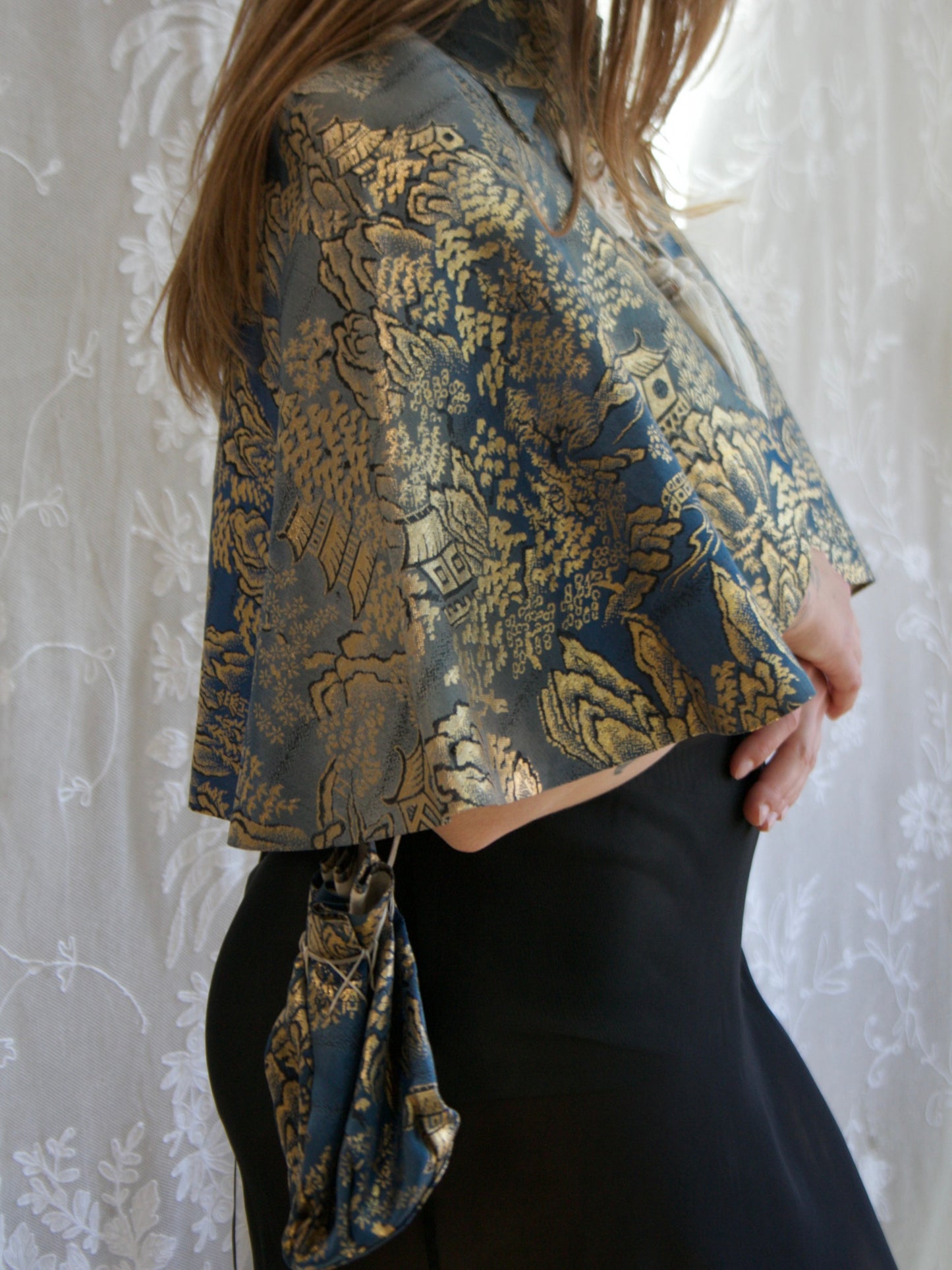1940s Silk Satin Damask Capelet + Matching Purse