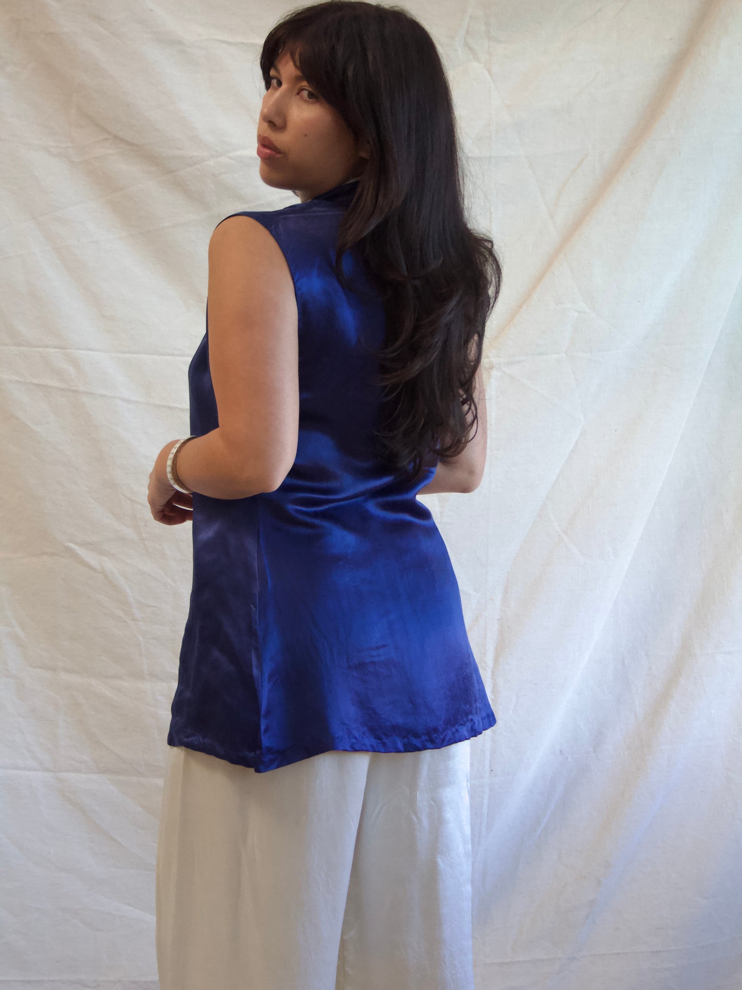 1940s Cobalt & Ivory Silk Two PC Loungewear Blouse Pant Set