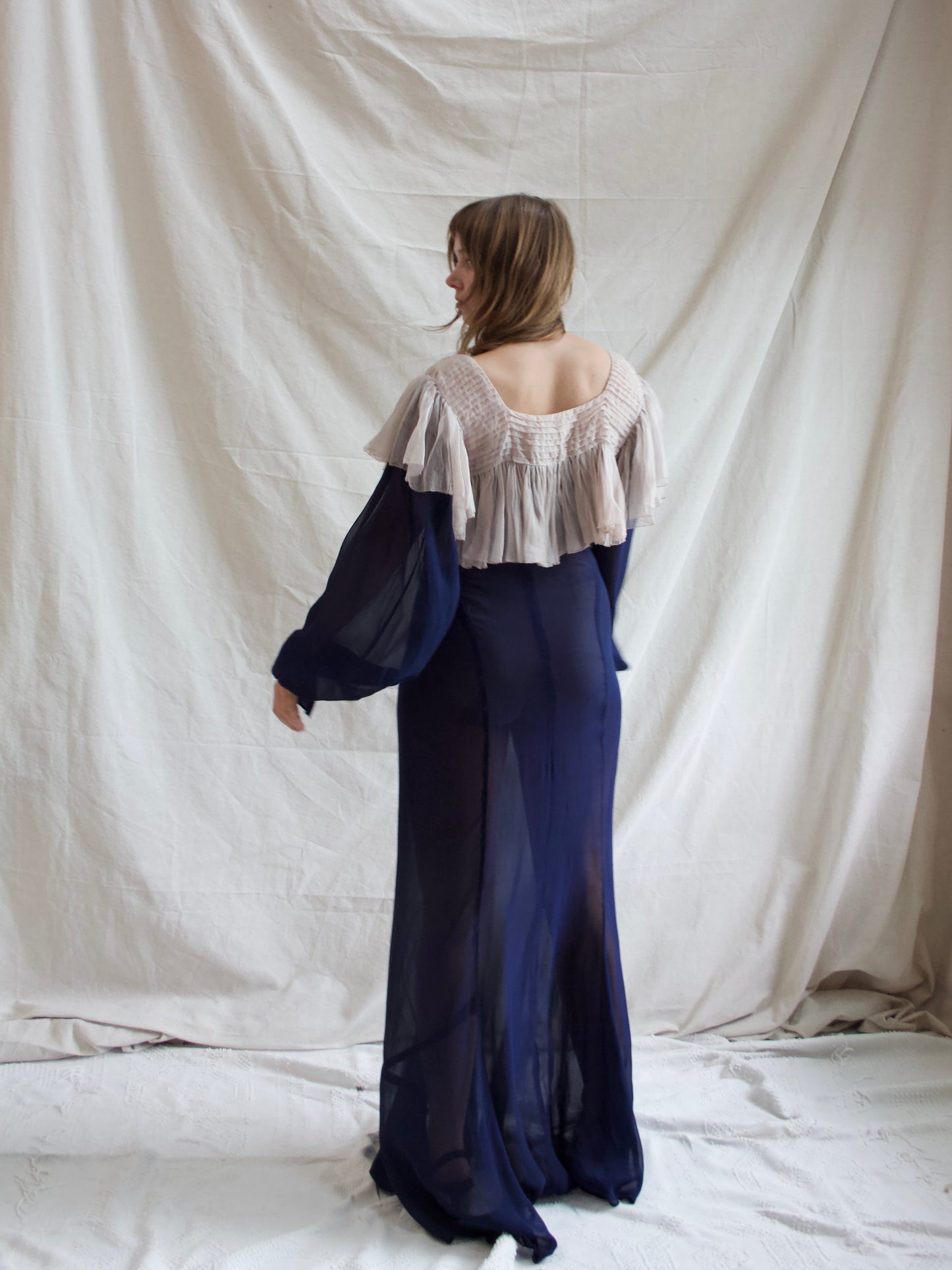 1930s Neckline Flounce Deep Navy Chiffon Bias Cut Bishop Sleeve Gown