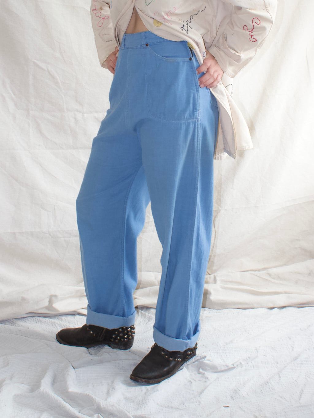 1950s Duck Brand Baby Blue Soft Broken In Side Zip Denim