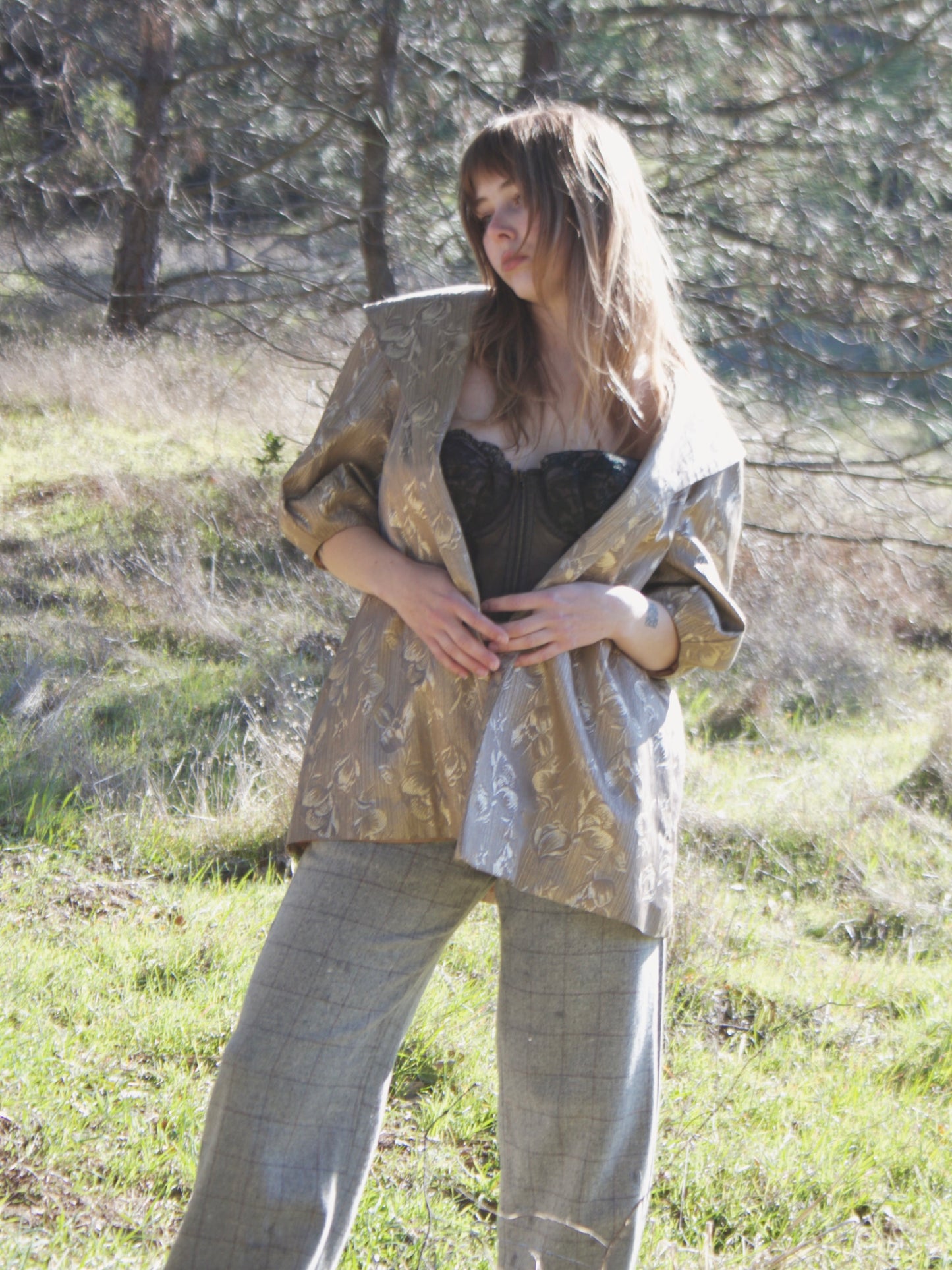 1950s Metallic Satin Brocade Balloon Sleeve Evening Jacket