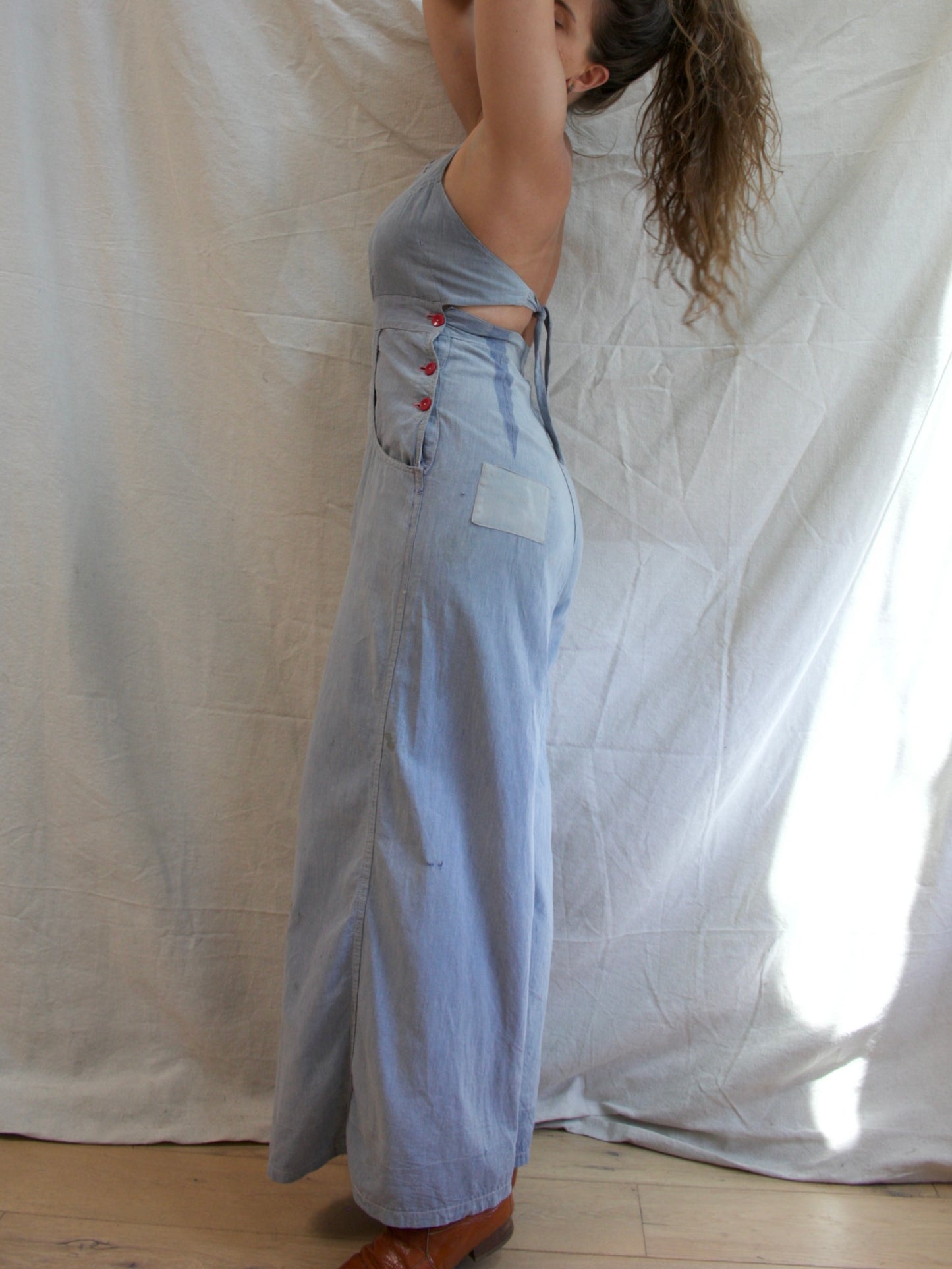 Special 1930s 'Trailer-alls' Chambray Halter Sportswear Double Side Button Overalls