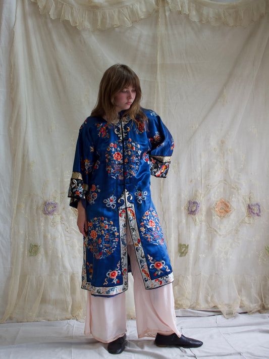 1940s Royal Blue Silk Chinese Mandarin Collar Robe