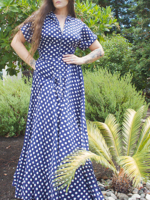 1940s Indigo Polka Dot Seersucker Zip Front House Dress