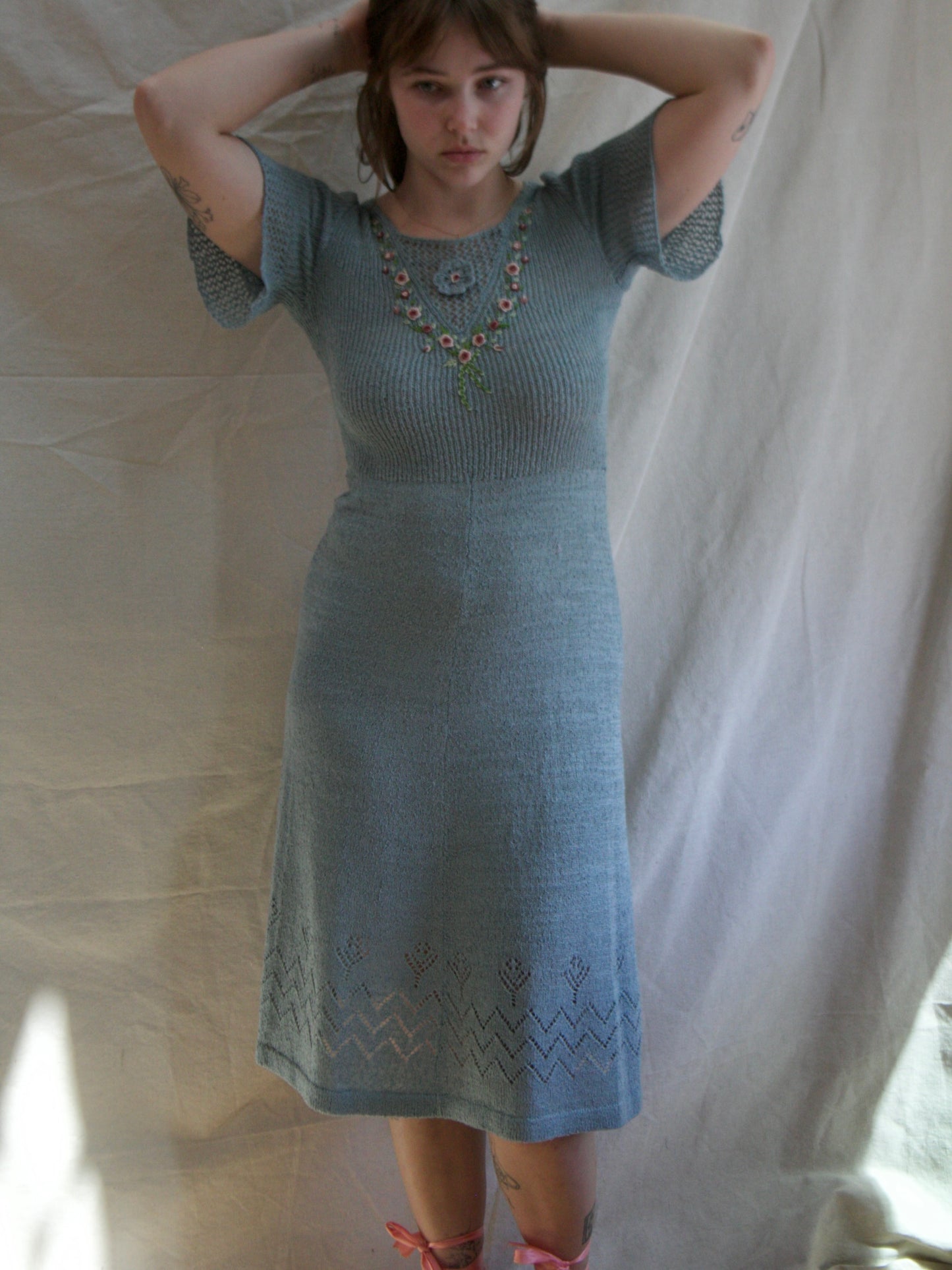 1940s Embroidered Floral  Pewter Rayon Knit Dress