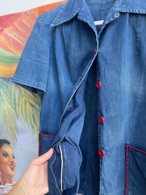 1940s Ladies Puff Sleeve Denim Blanket Stitch Workwear Blouse Jacket