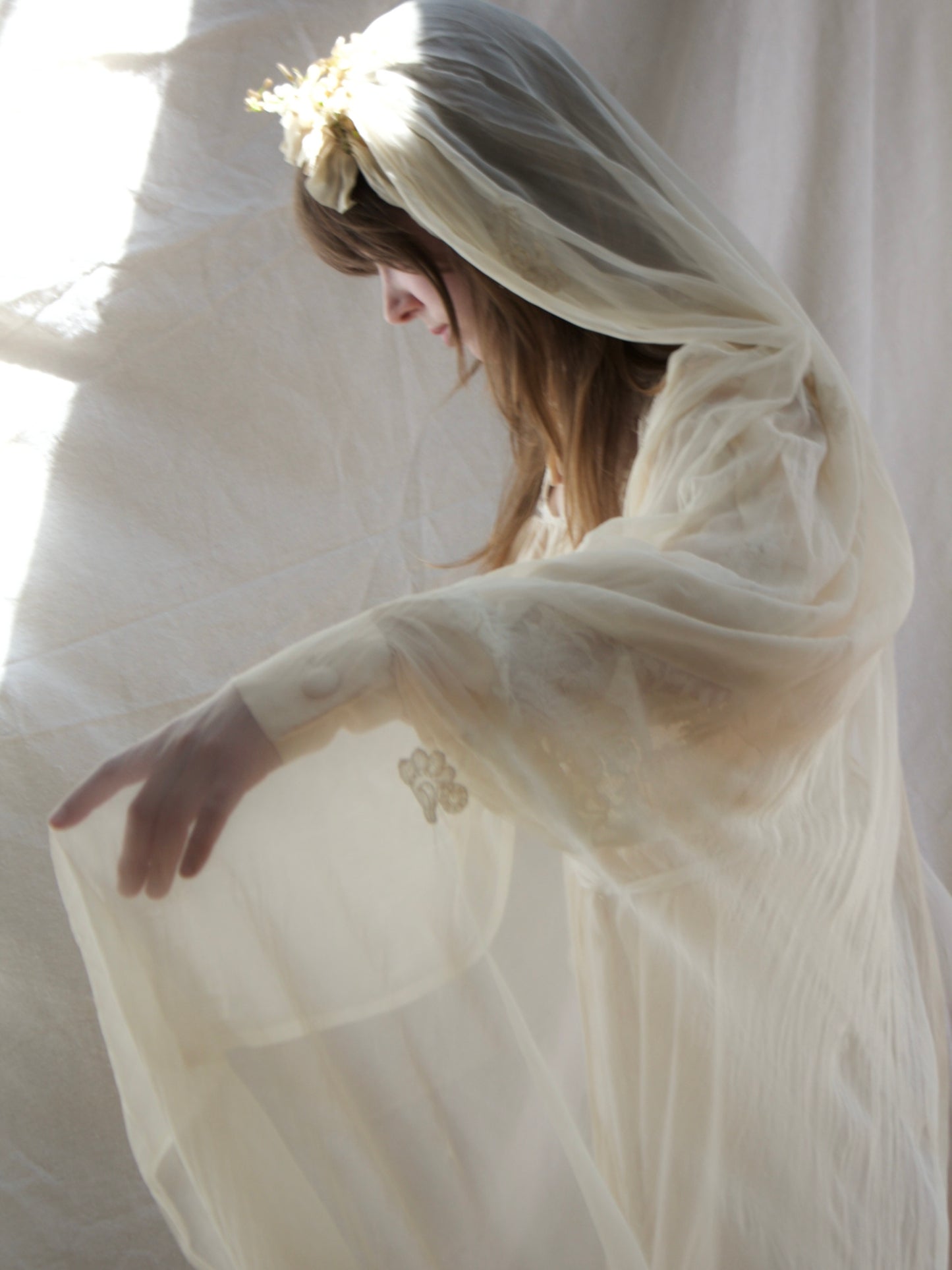 Antique Edwardian Wax Flower Crown Chiffon Applique Bridal Veil