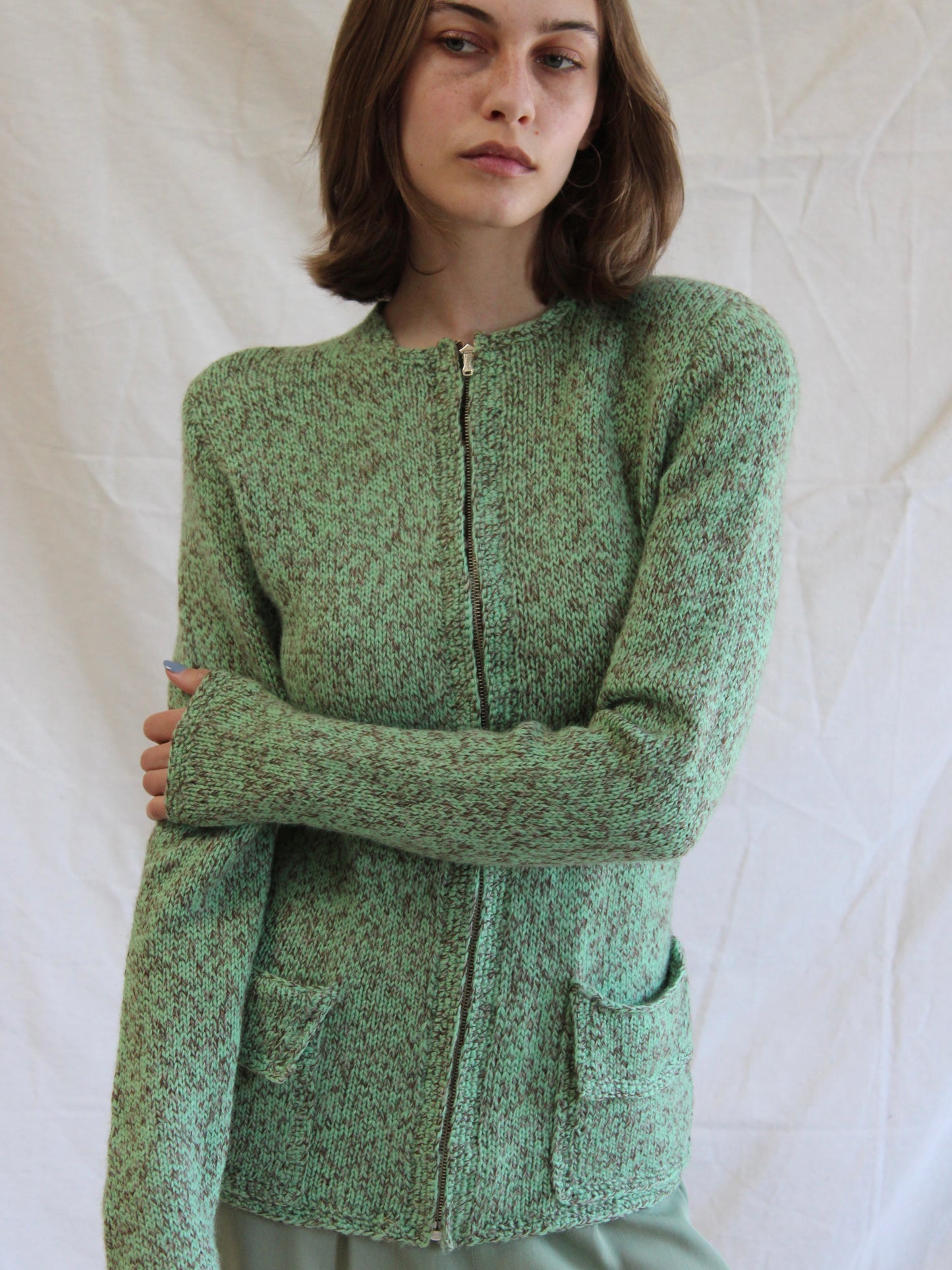 1940s Crown Zip Front Peaked Shoulder Wool Cardigan