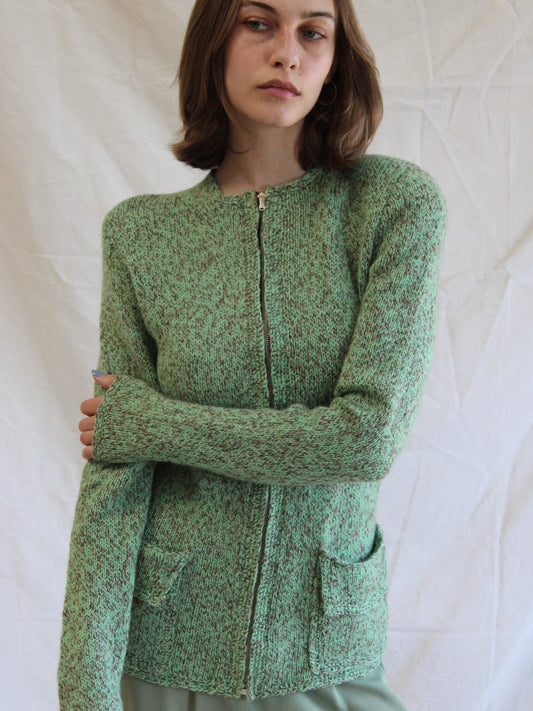 1940s Crown Zip Front Peaked Shoulder Wool Cardigan