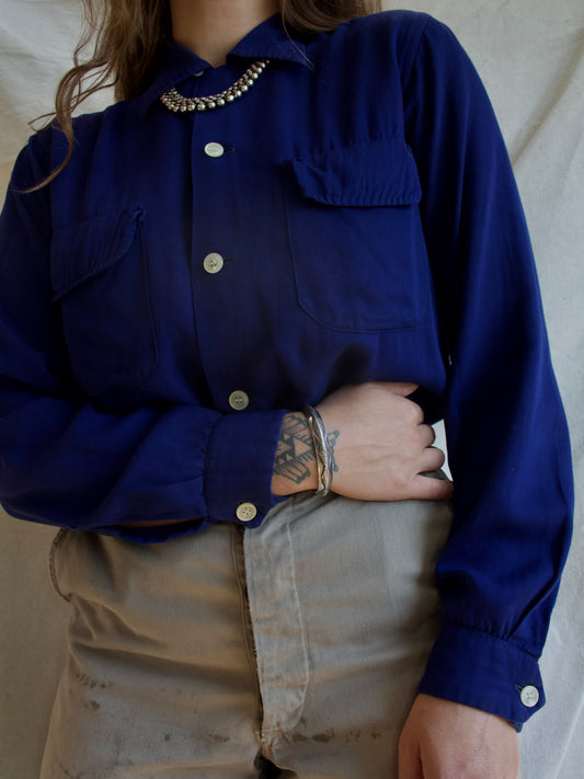 1950s Deep Royal Blue Smooth Gabardine Loop Collar Shirt