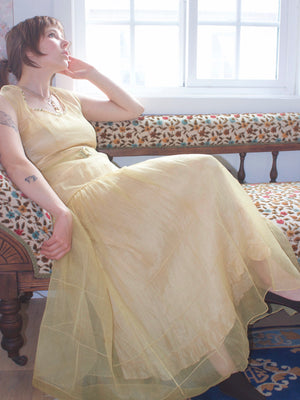 1930s Buttery-Chartreuse Silk Organza Drop Waist Gown