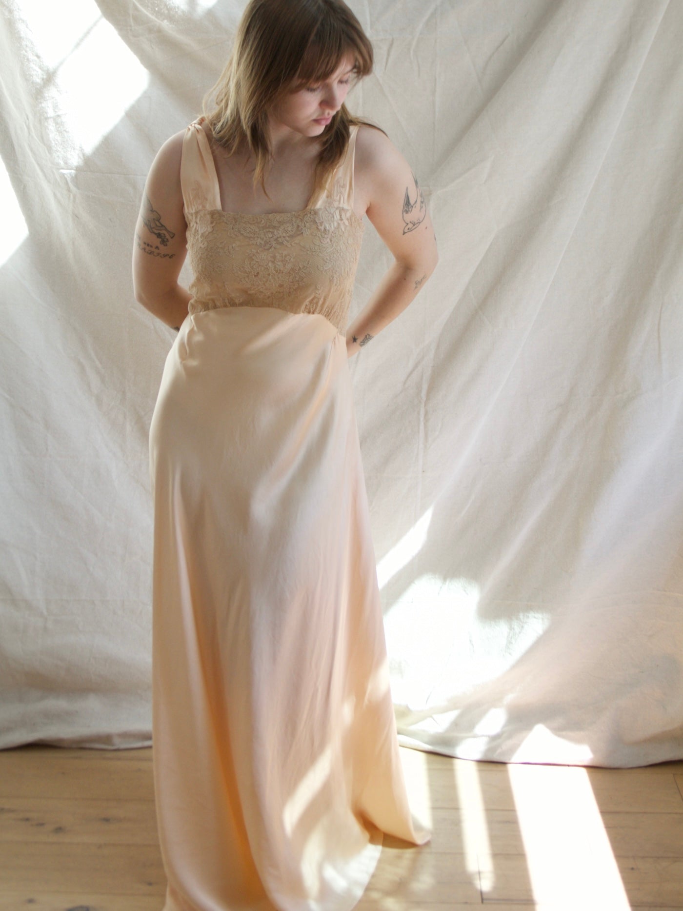 1930s Blush Pink Silk Ecru Lace Bias Cut Slip Gown