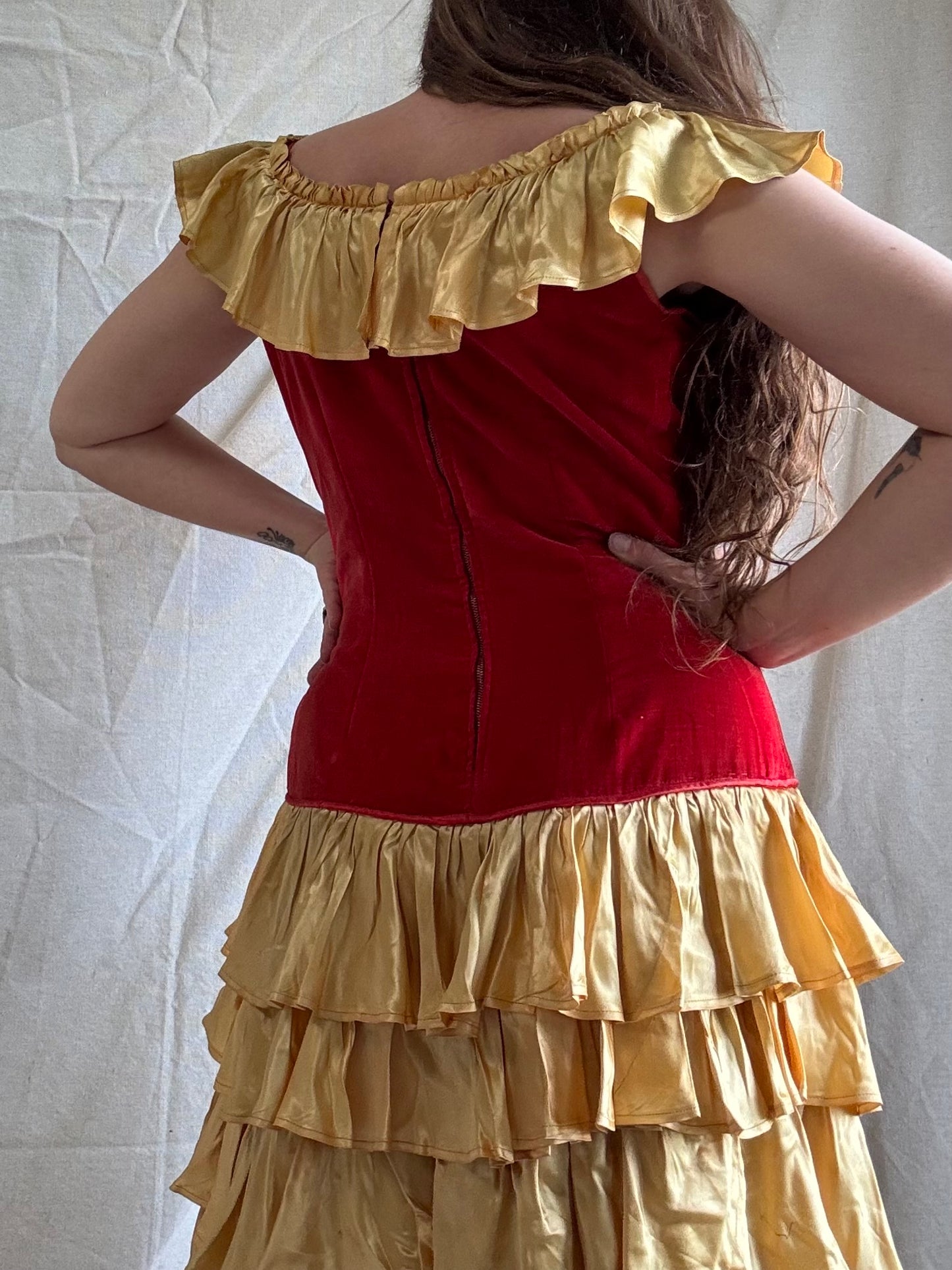 1930s Crimson Velveteen & Gold Liquid Satin Tiered Ruffle Gown