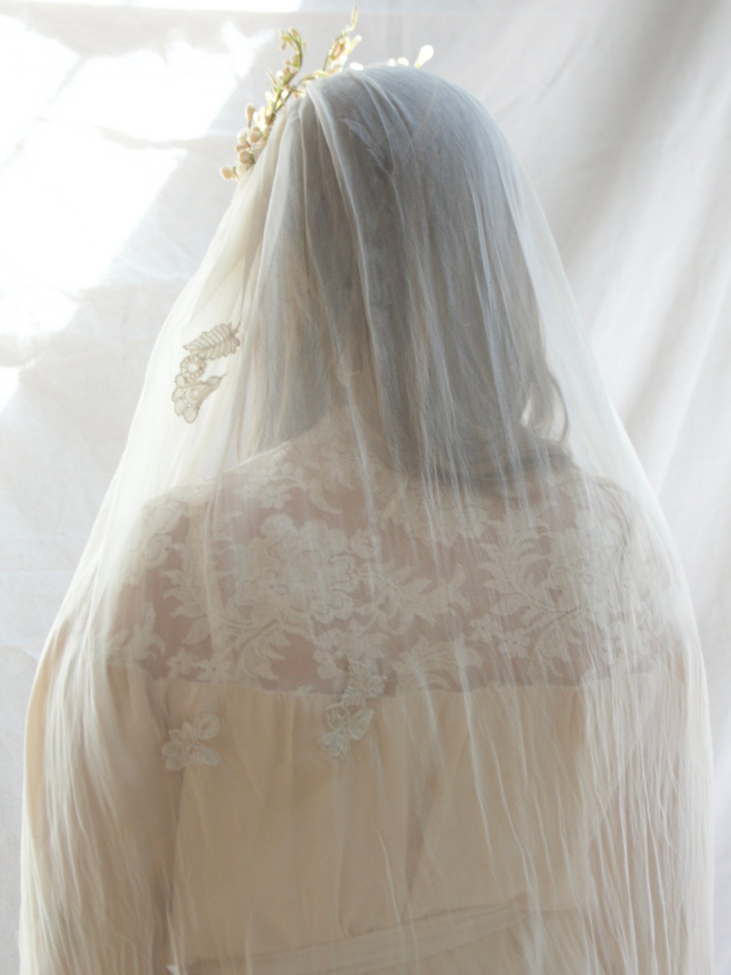 Antique Edwardian Wax Flower Crown Chiffon Applique Bridal Veil