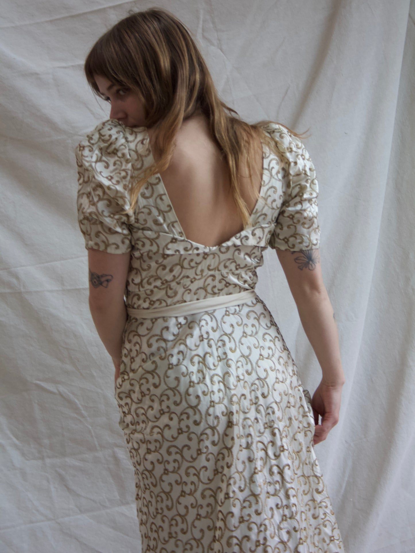 1930s Candlelight Silk Satin Lamé Embroidered Puff Sleeve Sweetheart Gown