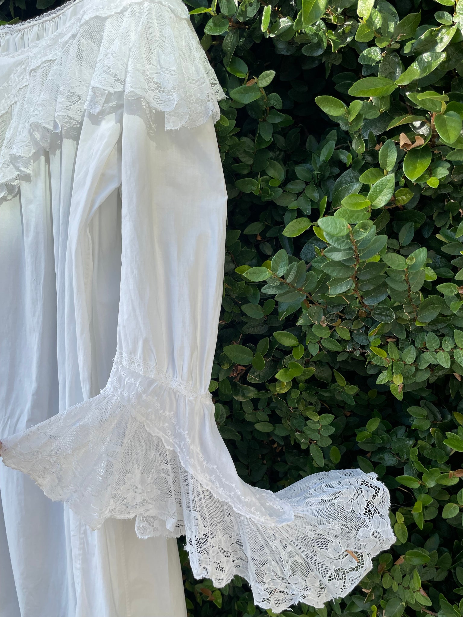 Late 19th C Cotton Ruffled Lace Angel Sleeve Trousseau Gown