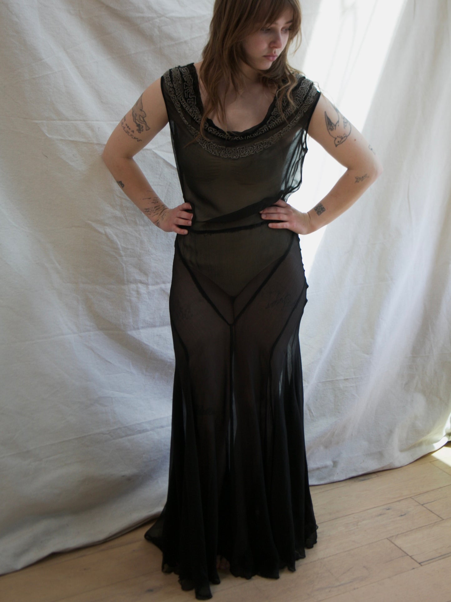 1930s Cowl Neck Vampy Chiffon Deco Seamed Beaded Gown