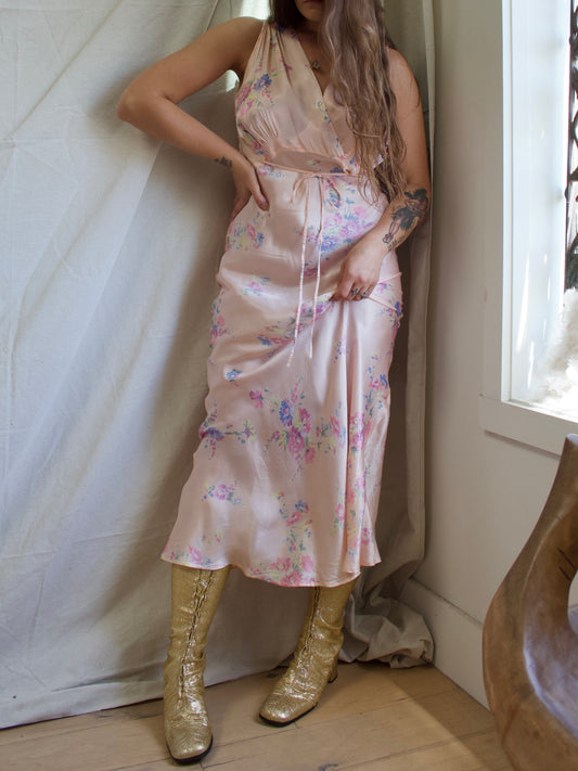 1930s Floral Satin Bias Cut Slip Dress