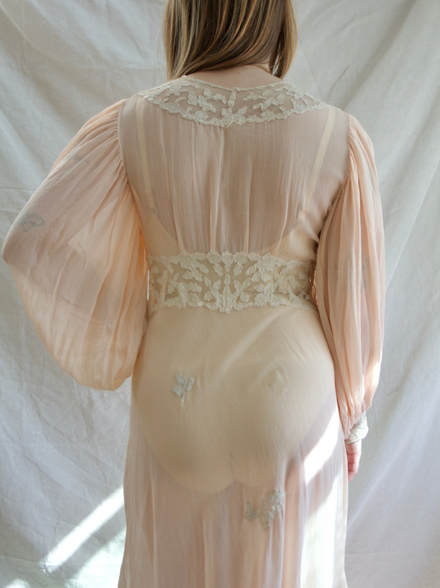 Special 1930s Hand Stitched Bishop Sleeve Chiffon Appliqué Bias Cut Gown