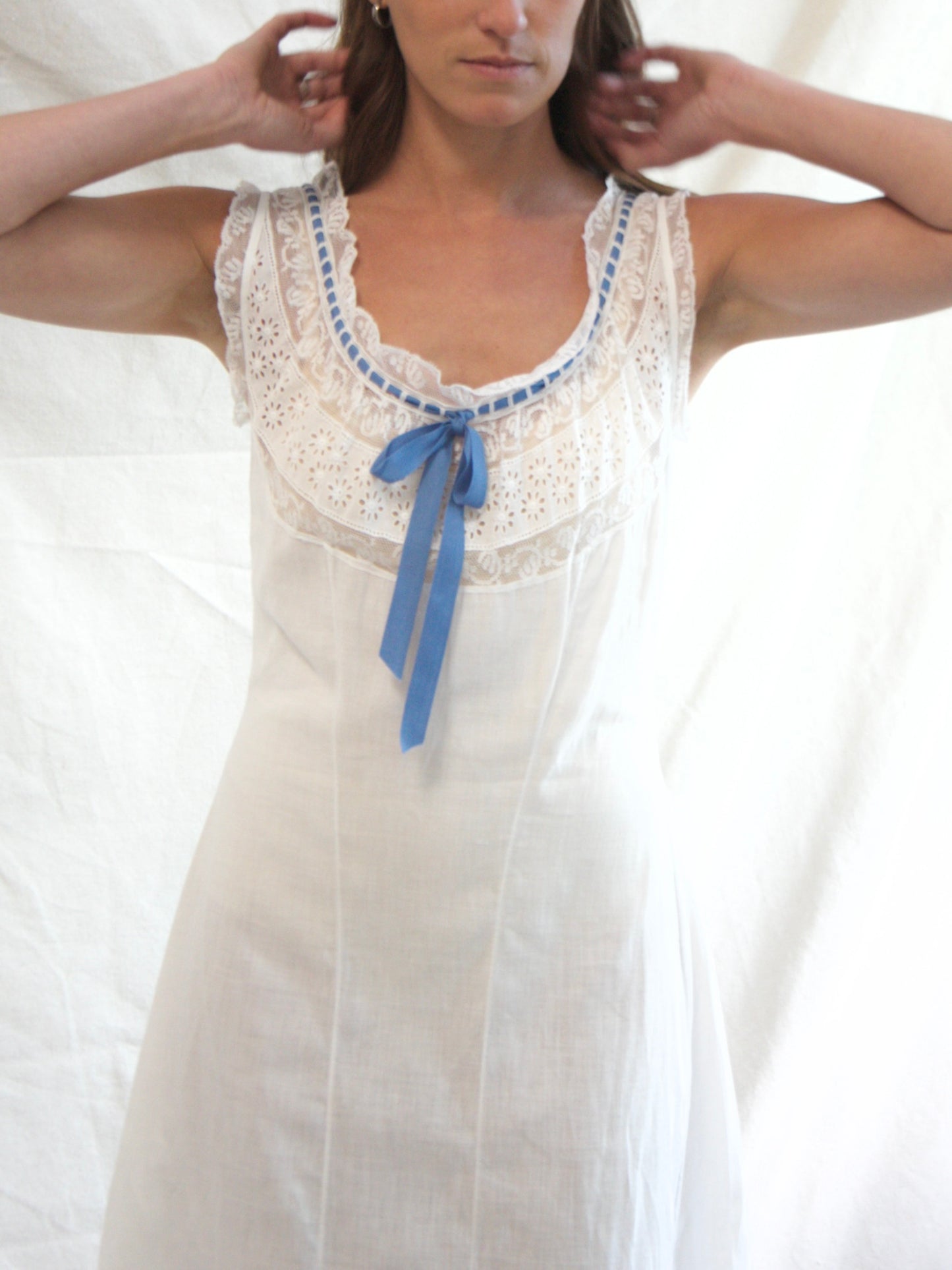 Antique Edwardian Cotton & Lace Ribbon Princess Slip Dress