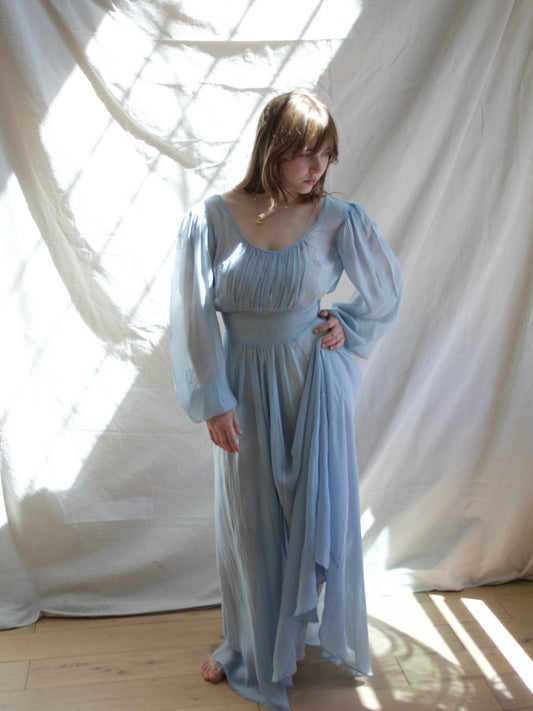 1930s Balloon Sleeve Baby Blue Sheer Gown