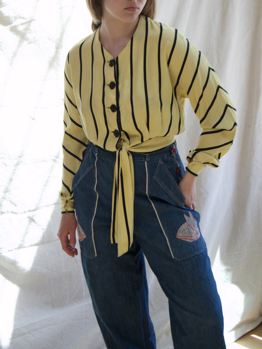 1940s Sriped Jersey Dolman Sleeve Tie Waist Blouse