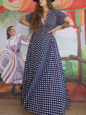 1940s Indigo Polka Dot Seersucker Zip Front House Dress