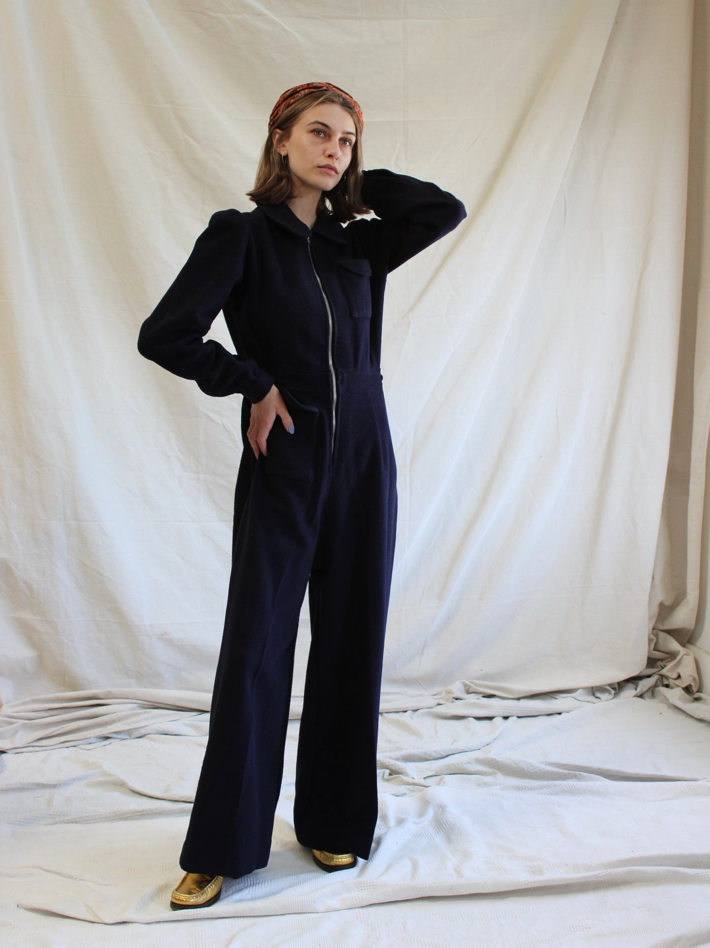 WW2 Navy Blue Wool Back Flap "Siren Suit" Wide Leg Jumpsuit