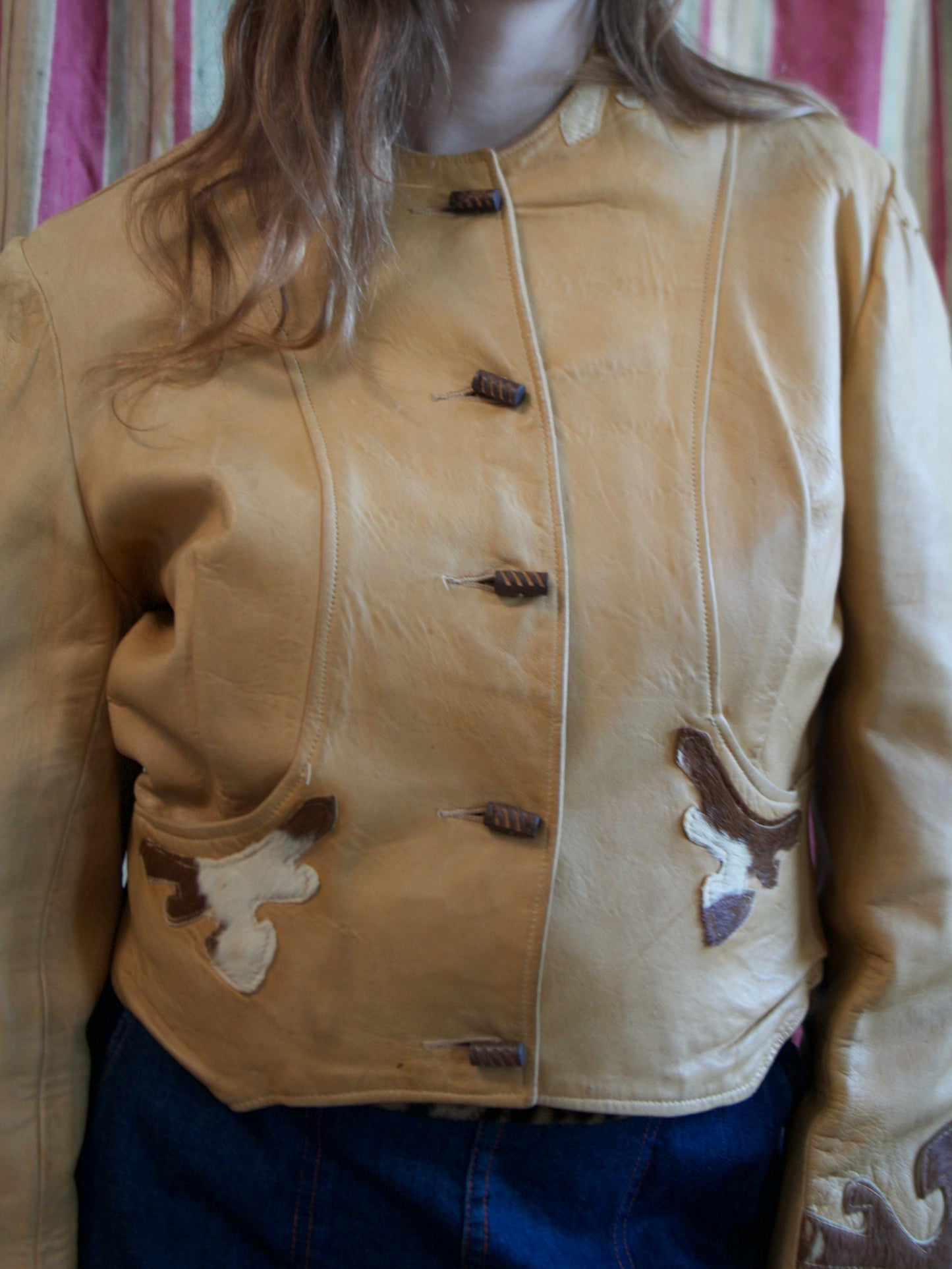 1940s Western Cognac Leather Pony Hair Yoke Jacket