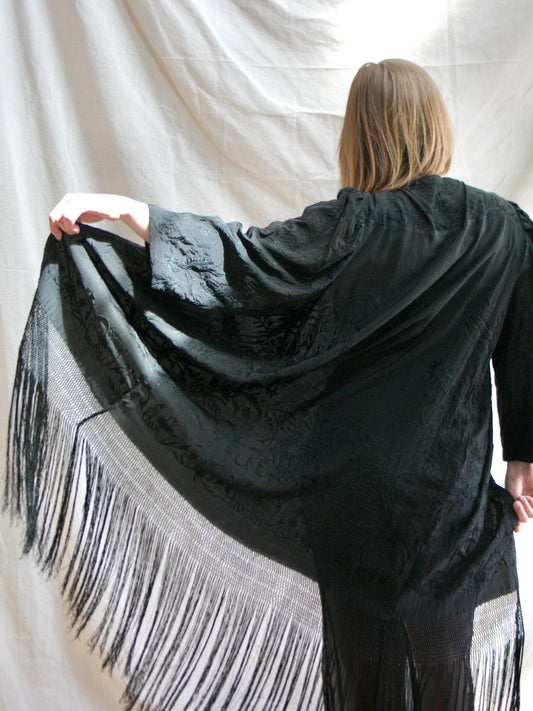 Custom 1930s Inky Black Fringe Piano Shawl Puff Sleeve Duster