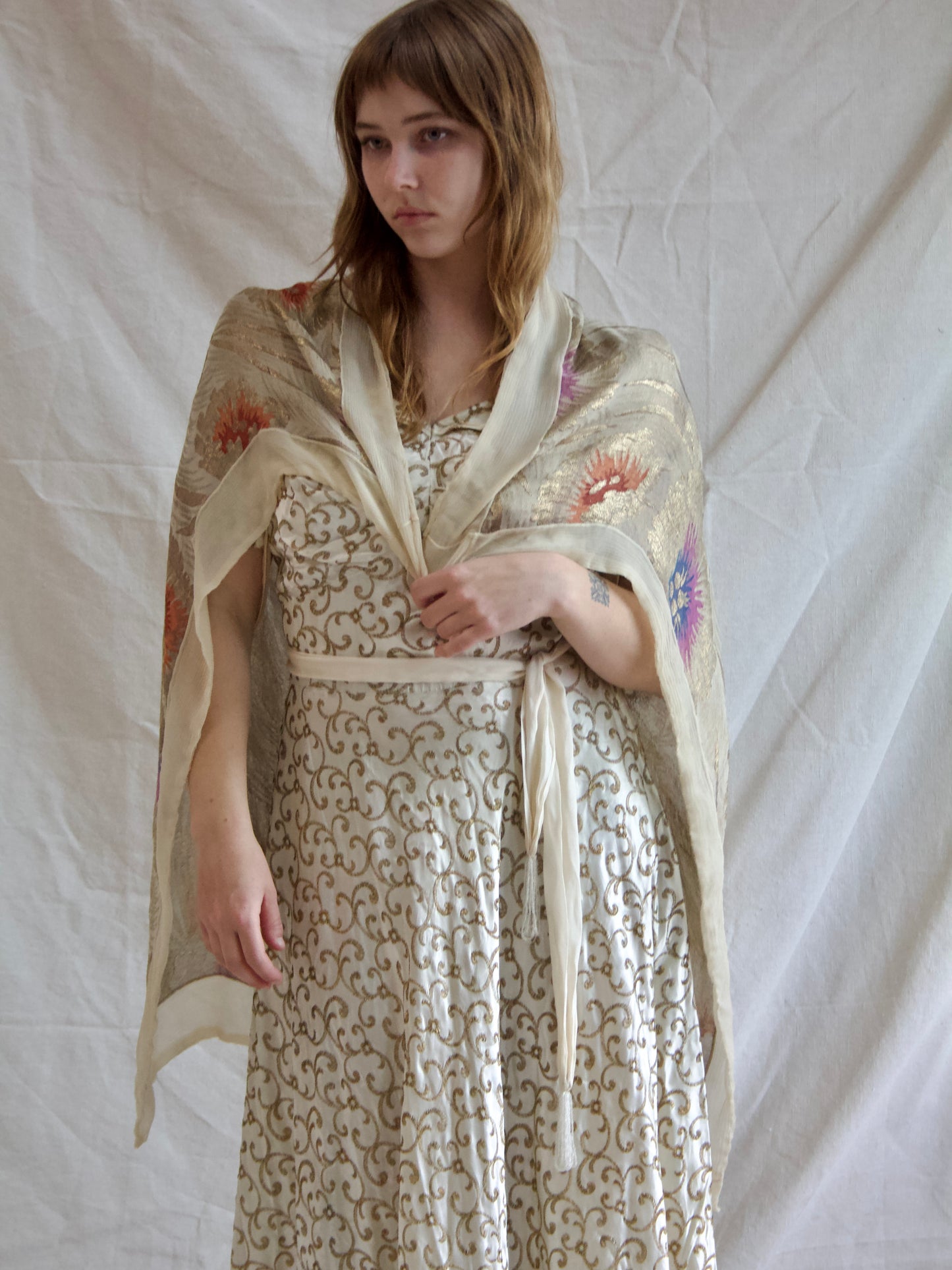 1930s Floral Lamé Chiffon Shawl W* Shoulder Straps