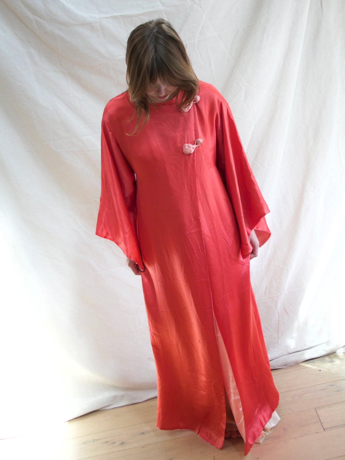 Antique 1920s Day-Glo Neon Coral Kimono Sleeve Silk Frog Closure Robe